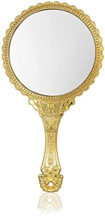 Десно од 11,5 инчи рачно огледало, рачно огледало со рачка, преносно огледало, лична шминка Пластична тркалезна огледало - злато