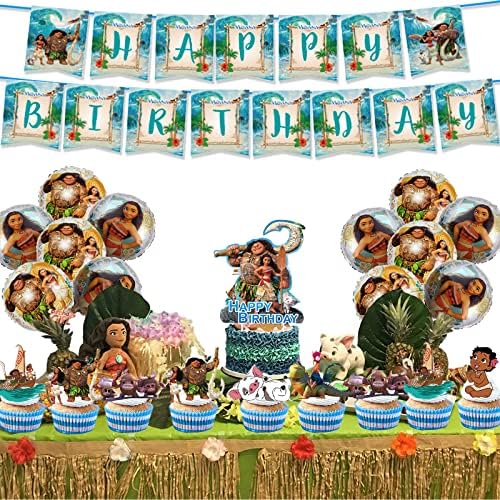 Сет за материјали за забава Моана, 24 парчиња мали и 1 парчиња големи моана торпи за кекс, 6 балони со фолија, 1 Моана среќен роденден Банер украси за украси за семејни ?