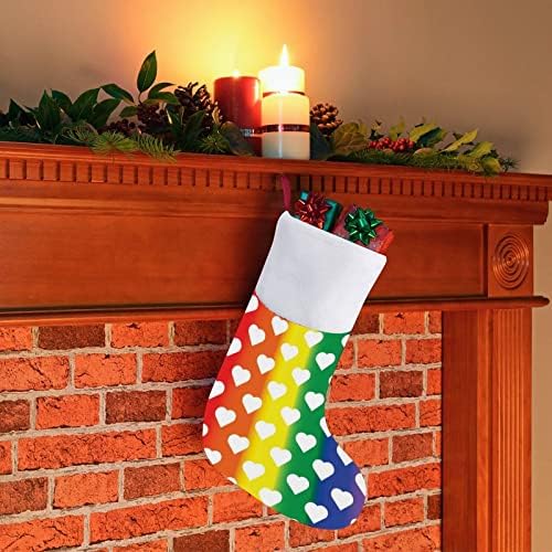 Бели срца на ЛГБТ Виножито Божиќни чорапи порибување на Божиќни дрвја Дедо Мраз виси украси за одмори од камин 16,5 “