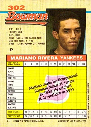 1992 Bowman Baseball 302 Mariano Rivera Rookie Card - Неговата единствена вистинска картичка за дебитант!