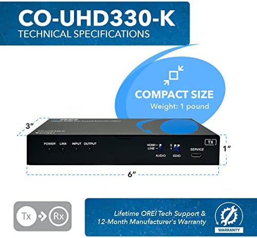 OREI 4K HDMI над Coax Extender до 330 стапки-Ultrhd HDMI 2.0 над коаксијален кабел 75OHM RG-6 бакар со двојна двонасочна IR контрола, аудио-UHD330-K