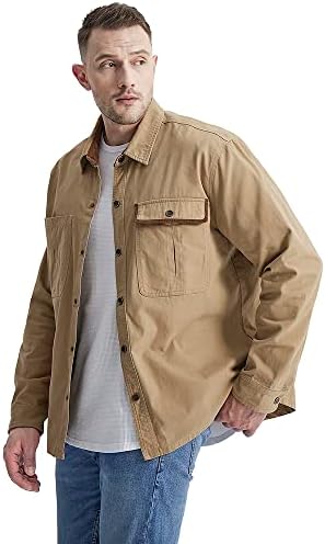 Маж за работа со долги ракави за мажи Mincib, Jakcet Cotton Twill Twill Outsoor Overshirt Casual Snap копче Шек со обвивка за корпорации