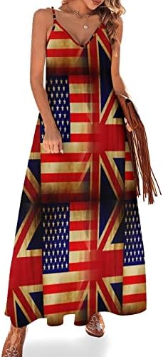 Британско Знаме На САД Женски Долг Макси Фустан Лизгање Печатење Плажа Без Ракави Смешно