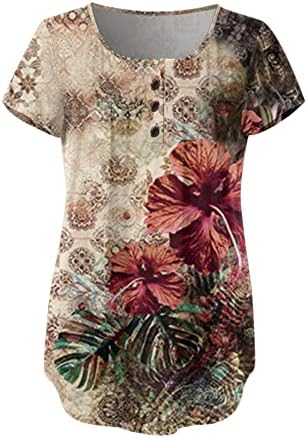Дами бохо врвови плус големина 1/4 копче надолу со маици со краток ракав лето лабава ретро цветни печати пуловер туники