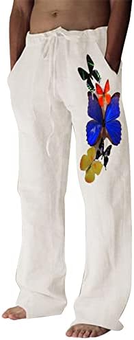 XXBR машки памучни постелнини панталони со панталони со јога со права нога лабава фит пеперутка цветни печати обични панталони