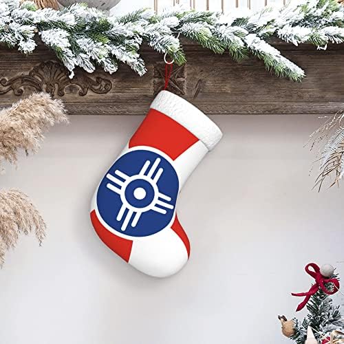 QG ZZX Божиќни чорапи со бело супер меко капно манжетно знаме на Вишита Канзас Божиќни чорапи Божиќни украси за порибување