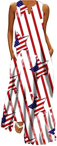 HCJKDU 4 -ти јули фустани за жени Денот на независност на Labe V вратот без ракави макси фустан Американско знаме со џебови со џебови
