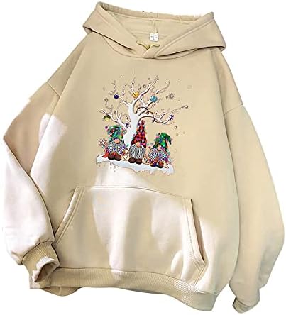 Женски божиќни графички дуксери за дуксери - дами обични долги ракави пулвер со качулка со џебови со џебови