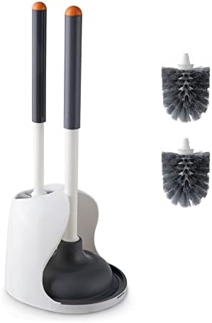 CLEANHOME Toilet Brush and Plunger Set with 3 Brush Head and One Tweezers, Toilet Brushes for Bathroom with Holder,Bathroom Essentials Cleaning Tools, White and Grey