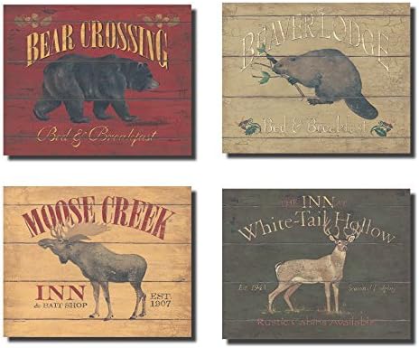 Рустикален елен мечка Бивер и знак на лос; Декор на кабината за ложа; Четири отпечатоци од постери од 10x8in