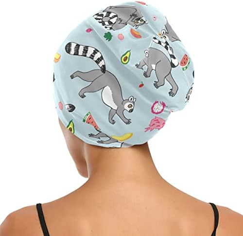 Womenените мода мода на череп капа капа за капа, капа за коса, тропски животински лемур еластична глава за глава ноќ спиење работна капа