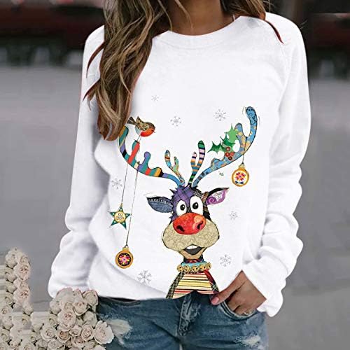 Божиќен џемпер за жени, екипаж за зимски печати Худи обичен лабав џемпер врвови со долги ракави кошула