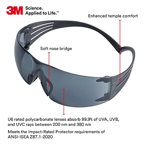 Безбедносни очила од 3 метри, Securefit, 20 пакувања, ANSI Z87, анти-магла сиви леќи, сива рамка, флексибилни храмови, високи јаготки, мост со низок нос
