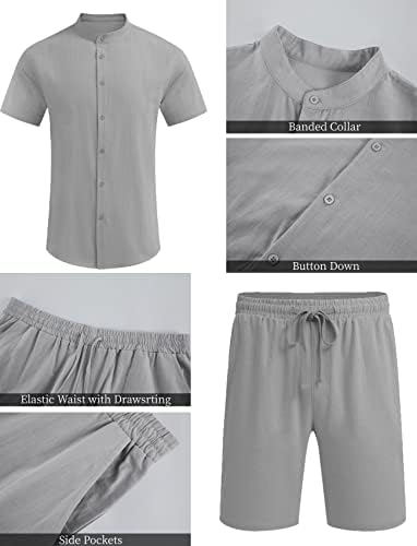 Pretiredel Mens 2 парчиња лето поставува памучни копче надолу кошули со влечење еластични шорцеви на плажа јога облека