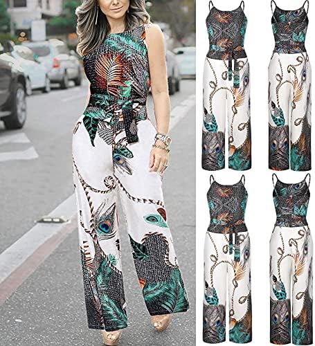 LCEPCY моден џемпери за жени боемски печати шпагети ленти плеј -врзани половини долги панталони ромери со џебови
