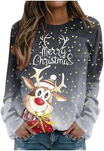Women'sенски врвови за пулвер, весела Божиќ, печатена маица со долги ракави, о-врата за необични маички кошула Блуза Туника Туника