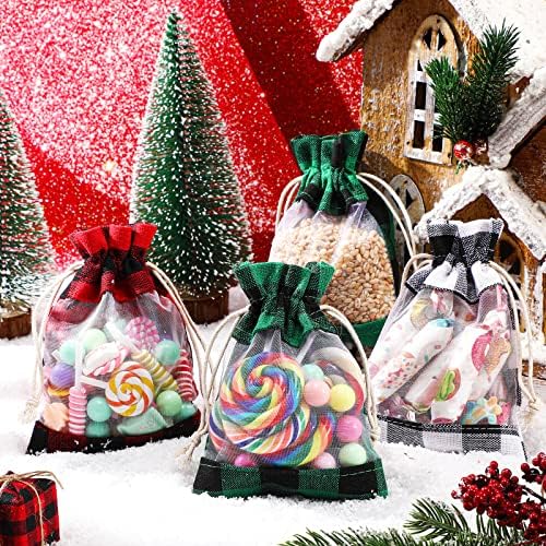 48 парчиња Божиќ Бафало карирани вреќи за влечење на влечење, чиста торба за подароци со органза со малички карирани вреќи со карирани карани