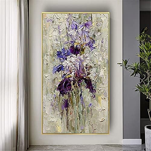 Wunm Studio CE рачно насликана голема апстрактна ирис платно сликарство палета нож цвеќиња масло сликарство модерно декор парче цветни слики wallидна уметност, виолетова,