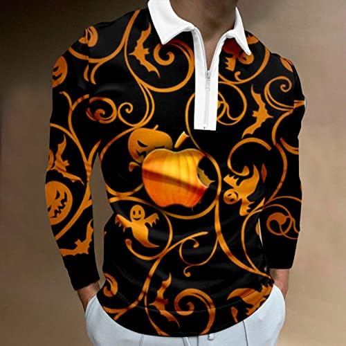 Iopqo Mens Mirts Pack Meal Casual Halloweeen Print Zipper, исклучете ја јака блуза со долги ракави за одмор на мажите мажи