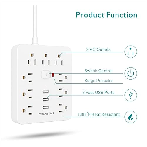 Енергетска лента со 9 излезни 3 USB порти, огноотпорна станица за полнење на работната површина со рамен приклучок wallид монтирање 5 стапки долги продолжени жици за до?