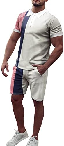 Летни спортски облеки за мажи блок во боја, случајни класични вклопуваат на отворено, кратки ракави за кратки ракави, до маички шорцеви поставени