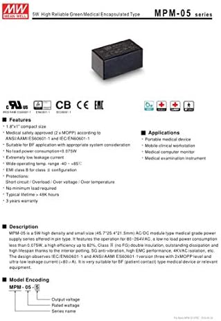 Incwell MPM-05-15 15V 0,33A 5W Висок доверлив медицински капсулиран вид на зелена LED