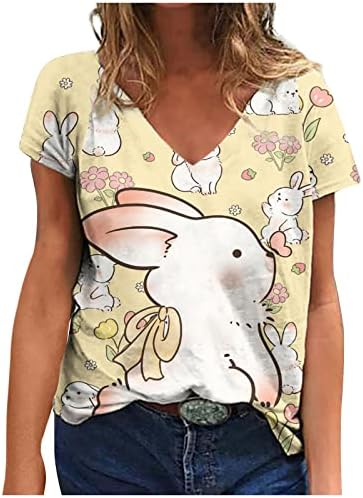Цветни Графички Блуза Маица За Тинејџерски Девојки Краток Ракав Памук Брод V Вратот Симпатична Животно Зајаче Косплеј Врвот Г3