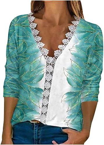 Maseенски пад на врвовите мода 2022 Облекана обична маичка 3/4 Долга ракав кошула од капчиња чипка V вратот цветни маици за печатење