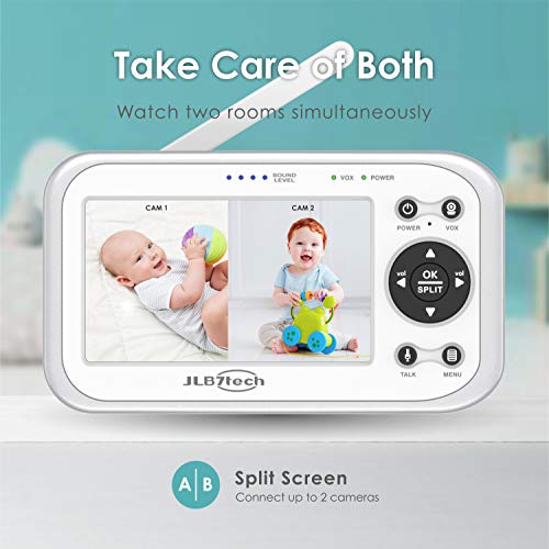 JLB7tech Бебе Монитор,4.3 Сплит Екран Видео Бебе Монитор со 2 Камери и Аудио,Ноќно Гледање,Двонасочен Разговор,Долг Дострел, Време На