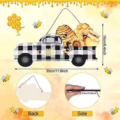 Гроздобер виси биволи карирани камиони со пчела, знак дрвена висечка камион, носејќи пчела саќе, фарма куќа, знак за знак на плакета за