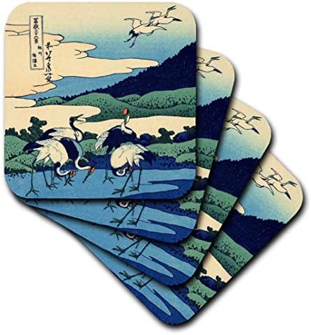 3дроза Омегава во Провинцијата Сагами Од Хокусаи-Јапонска ликовна уметност-сина класика Јапонија укијое птици кранови-Меки Подлоги, сет од 4