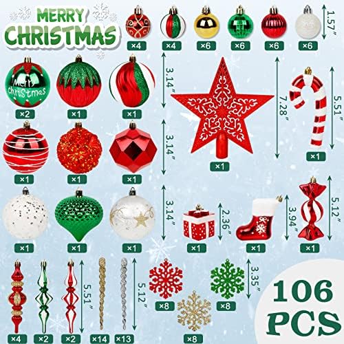 Нашите 106 парчиња божиќни украси на топката украси, црвени и зелени расипувања на божиќни украси поставени со рачни кутии за подароци за елка што висат украси за до?
