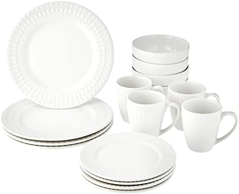 Elle Décor Amelie Round Dinnare Setware-16-парчиња порцелански вечера со порцелански вечера w/ 4 чинија за вечера, 4 салата плочи, 4 чинии