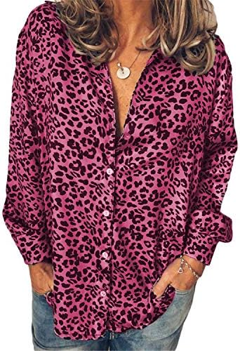 Andongnywellенска блуза со блуза ја печати лабава долга ракав V-врат леопард кошула врвови маички за блузи