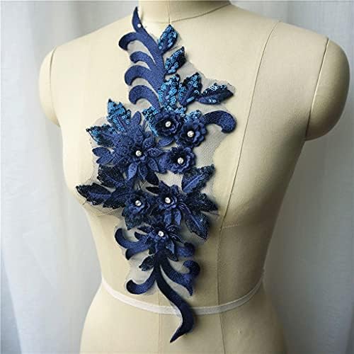 UXZDX морнарица сина чипка ткаенина секвен 3Д цвеќиња rhinestone tassel свадбена облека за венчавки Апликации исечени украсени шии лепенка