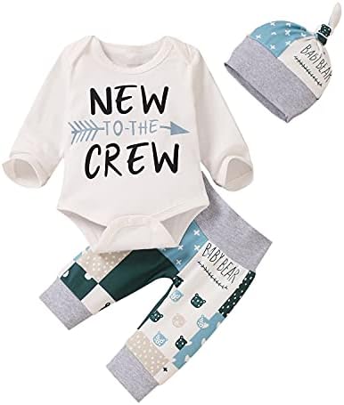 Облека за новороденче Унитијло, бебе момче, бебе мечка, печати ромпер+долги панталони+капачиња од капа 3 парчиња поставени бели