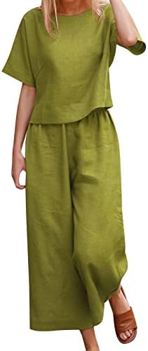 Облеки за одмор за жени со памук постелнина кошула со кратки ракави и широки панталони со нозе со висока половината во боја на одмор во боја