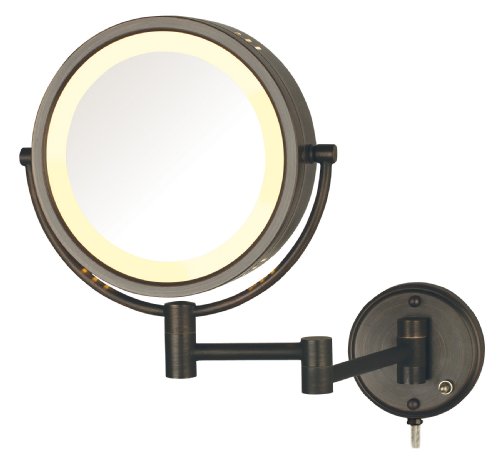 Двострана огледало со шминка монтиран со wallидови со светла-Осветлено огледало за шминка со 8x зголемување и рака на wallидови-огледало