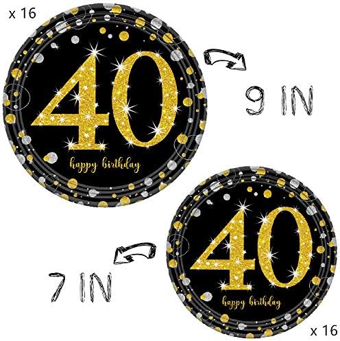 Комплети за материјали и украси на Mocossmy 40 -ти роденден - црни златни хартиени плочи и чаши, салфетки, сламки, прибор за јадење, чаршав, среќен