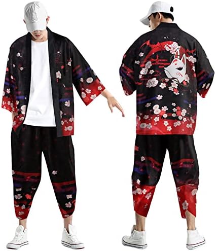 Менски урбано слободно време опуштено античко дигитално печатење Кимоно Касок кардиган кошули панталони спортски костум за мажи