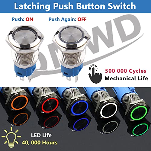 DMWD 5PCS 16mm Latching Push Conte Switch 12V 24V DC LED индикатор водоотпорен анти-вандал метал 5/8 монтирање на дупката 1NO1NC