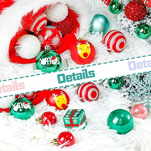 91 парчиња црвено зелено бело бонбони Големи украси за елки за елки, сјајни, мат, сјајни украси за новогодишни елки со висечки јамка за одмор, свадба, забавни декори