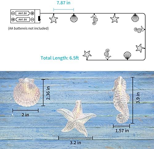 Голониско школки со Seashell Seahorse Limns 6.5ft 10 LED океански самовили батерија оперирана под морската декорација за тропска