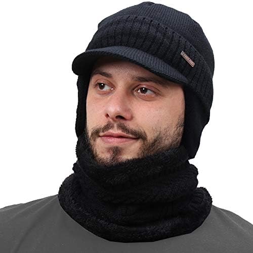 Зимски beanie w/visor & earfflaps за мажи сет на шамија на отворено руно