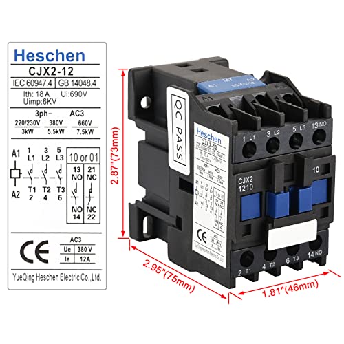 Heschen AC Контактор, CJX2-1210, 24V 50/60Hz Серпентина, 3P, 3 Пол, Нормално Отворен, Односно 12A, Ue 380V