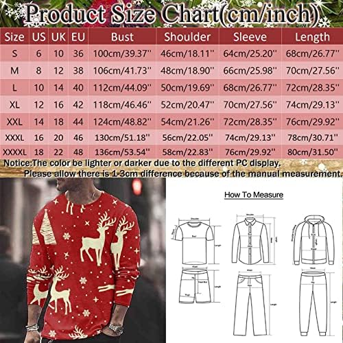 ZDDO Божиќни маици со долг ракав за мажи, XMAS 3D Graphic Santa Claus Print Crewneck Tee Tops Party Sports Sports Tut