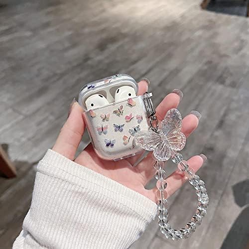 MinScose Cute Airpod 1 & 2 јасен случај со приврзок за клучеви, симпатична размачкана графити графити дизајн на пеперутка Дизајн мек