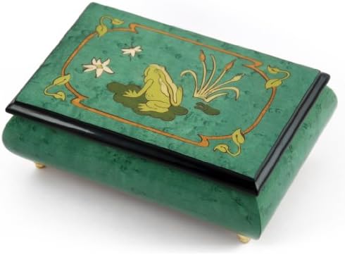 Брилијантна зелена дамка музичка кутија за накит со жаба на крин рампа со светулки Вуд Влеј - многу песни за избор - Американски