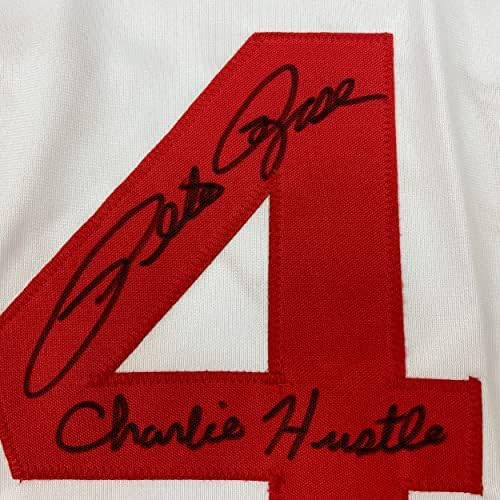 Автограмиран/потпишан Пит Роуз испишан Чарли Хустл Синсинати бел бејзбол дрес Jsa COA