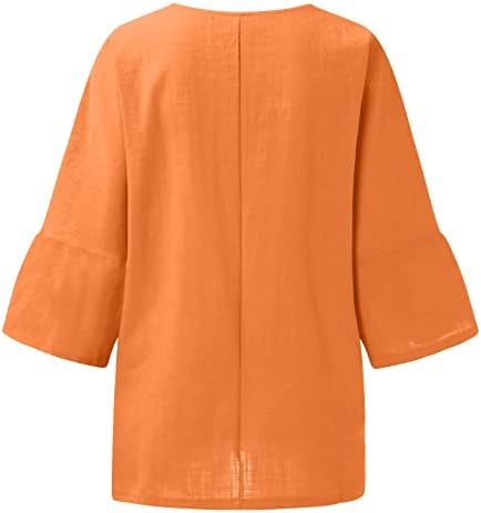 Women'sенски летен постелнина Топ маица со лесна екипаж 3/4 ракави, врвови на врвови, обични лабави вклопувани кошули за блуза